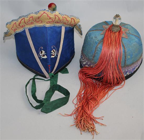 Two Chinese embroidered silk hats, late 19th / early 20th century,